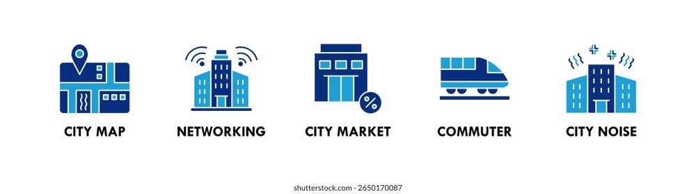 Estilo de vida urbano banner ícone da web ilustração conceito com ícone do mapa da cidade, rede, mercado da cidade, viajante e ruído da cidade