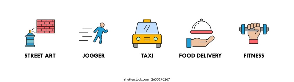 Urbano estilo de vida banner ícone web ilustração conceito com ícone de arte de rua, jogger, táxi, entrega de comida e fitness