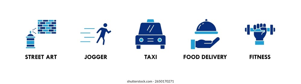 Urban Lifestyle banner web icon illustration concept with icon of street art, jogger, taxi, food delivery, and fitness