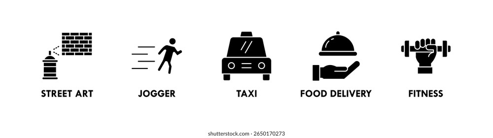 Urbano estilo de vida banner ícone web ilustração conceito com ícone de arte de rua, jogger, táxi, entrega de comida e fitness
