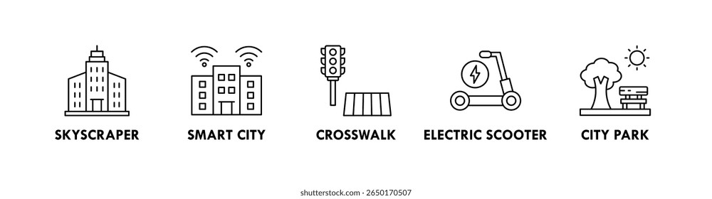 Urbano estilo de vida banner web ícone ilustração conceito com ícone de arranha-céu, cidade inteligente, faixa de pedestres, scooter elétrico, e parque da cidade