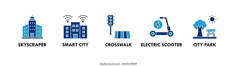 Urbano estilo de vida banner web ícone ilustração conceito com ícone de arranha-céu, cidade inteligente, faixa de pedestres, scooter elétrico, e parque da cidade
