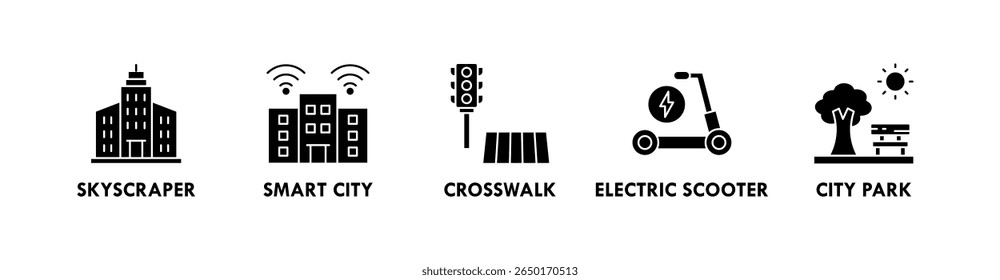 Urbano estilo de vida banner web ícone ilustração conceito com ícone de arranha-céu, cidade inteligente, faixa de pedestres, scooter elétrico, e parque da cidade