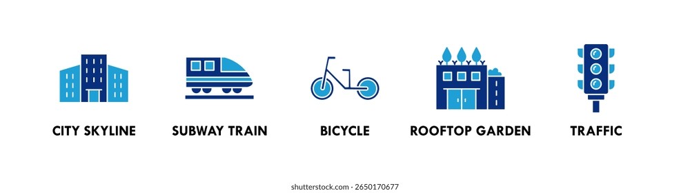 Urbano estilo de vida banner web ícone ilustração conceito com ícone da cidade skyline, metrô trem, bicicleta, jardim no telhado, e tráfego