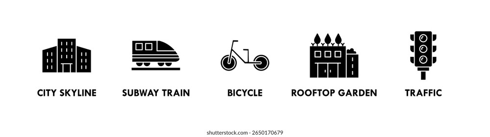 Urbano estilo de vida banner web ícone ilustração conceito com ícone da cidade skyline, metrô trem, bicicleta, jardim no telhado, e tráfego