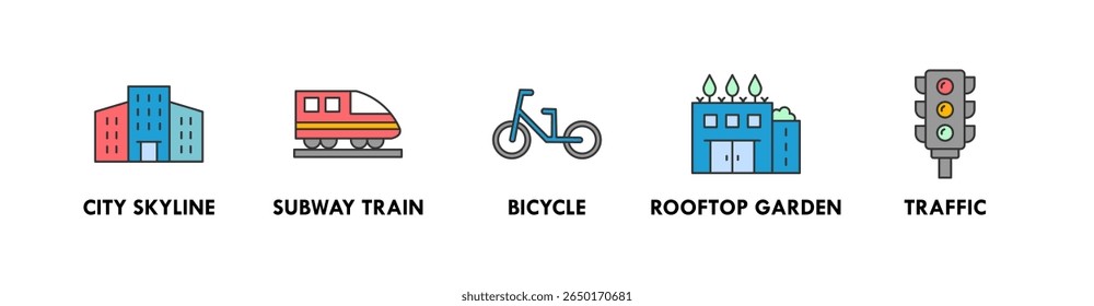 Urbano estilo de vida banner web ícone ilustração conceito com ícone da cidade skyline, metrô trem, bicicleta, jardim no telhado, e tráfego