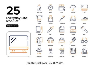 Urban Lifestyle and Daily Objects. Office Supplies, Coffee, Phone, and Shopping Bags. Vector Illustration. Oultine duo tone icon set