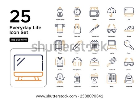 Urban Lifestyle and Daily Objects. Office Supplies, Coffee, Phone, and Shopping Bags. Vector Illustration. Oultine duo tone icon set