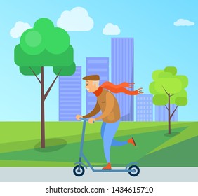 Urban lifestyle of grandfather vector, man wearing red scarf and hat riding scooter on smooth road in city park, town style of grandpa, active male