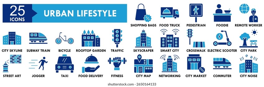 Conjunto de coleções de ícones de Estilo de Vida Urbano. Contendo design urbano, estilo de vida, pessoa, cidade, pessoas