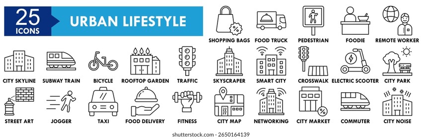 Conjunto de coleções de ícones de Estilo de Vida Urbano. Contendo design urbano, estilo de vida, pessoa, cidade, pessoas