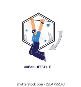 Urban lifestyle icon with teenager jumping during parkour, flat vector illustration isolated on white background. Young man performing parkour tricks. Concept of extreme street sport.