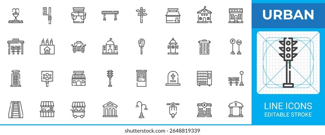 Urban lifestyle outline icon pack. Line vector set showing skyline, tower, scooter, bicycle, cafe, park, recycling bin, path, streetlight. Perfect icon symbols for modern living and eco-city themes.