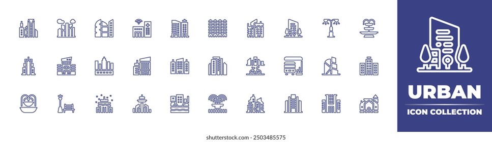 Urban line icon collection. Editable stroke. Vector illustration. Containing building, city, fountain, canal, officebuilding, hospital, street, cityscape, mall, houses.