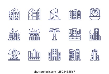 Urban line icon set. Editable stroke. Vector illustration. Containing building, bike, city, urbanity, fountain, canal, skyscrapers, officebuilding, streetlight.