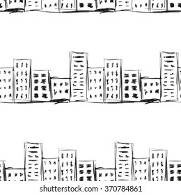 Urban line landscape ink imitation hand drawn on a white background seamless pattern