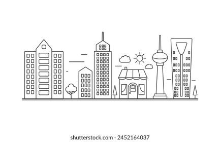 Urban line landscape with office buildings and skyscrapers, store on street vector illustration