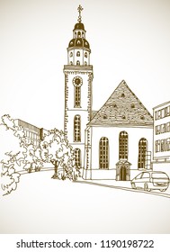 Urban line sepia sketch with landscape of the old European city. Germany. Frankfurt am Main. Old square in front of the church in hand drawn style on white background