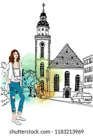Urban line sketch with landscape of the old European city and pretty girl with camera. Germany. Frankfurt am Main. Old street in hand drawn style on watercolor background