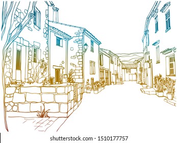 Urban line sketch. Nice old street in Provence. Hand drawn style. Colorful vector illustration on white background.