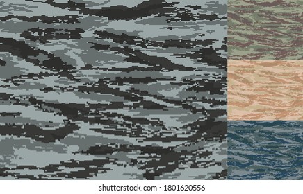 Urban lizard camouflage. Pixelated shapes. Seamless pattern. Woodland, desert and navy variants. For military and hunting purposes.