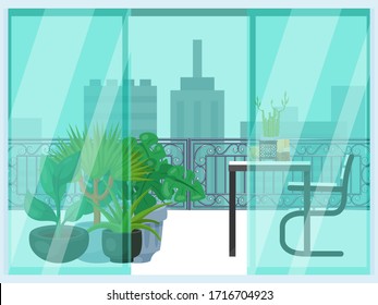 Urban look from balcony, concept cityscape and terrace loggia flat vector illustration. Cozy relax place, design interior pot flower, comfortable table chair. Luxury home perfect view on city.