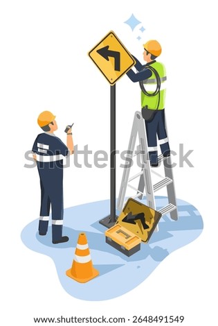 Urban maintenance crew replacing a damaged traffic sign to ensure road safety in the city environment isometric cartoon