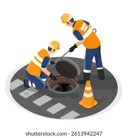 Urban maintenance workers inspecting and cleaning a city manhole for drainage system repair and waste management isometric isolated cartoon