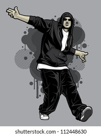 Urban Male Hoodie Model Vector illustration of a young urban male model posing in a gray hoodie, baggy black pants, and white ball cap in front of graffiti design elements in the background