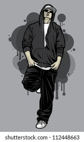 Urban Male Hoodie Model Vector illustration of a young urban male model posing in a gray hoodie, baggy black pants, and white ball cap in front of graffiti design elements in the background