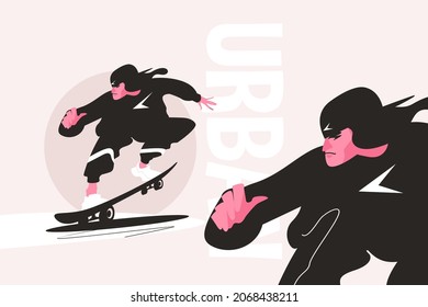 Urban male on skate vector illustration. Young guy having fun outdoors skating on street flat style. Fun and active spare time concept. Isolated on pink background