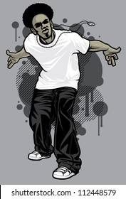 Urban Male Tshirt Model Vector illustration of a young urban male model posing in a white t-shirt, baggy black pants, and white ball cap in front of graffiti design elements in the background