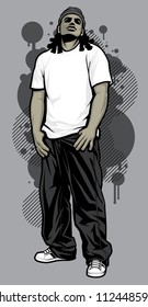 Urban Male Tshirt Model Vector illustration of a young urban male model posing in a white t-shirt, baggy black pants, and white ball cap in front of graffiti design elements in the background