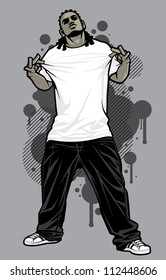 Urban Male Tshirt Model Vector illustration of a young urban male model posing in a white t-shirt, baggy black pants, and white ball cap in front of graffiti design elements in the background