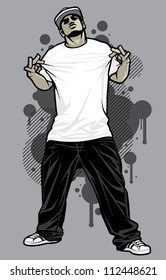 Modelo de camiseta urbana masculina ilustración de una joven modelo urbana posando en una camiseta blanca, pantalones negros holgados y gorro blanco frente a elementos de diseño de graffiti en el fondo