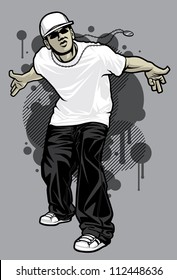 Urban Male Tshirt Model Vector illustration of a young urban male model posing in a white t-shirt, baggy black pants, and white ball cap in front of graffiti design elements in the background