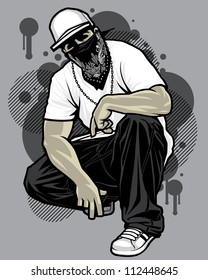 Urban Male Tshirt Model Vector illustration of a young urban male model posing in a white t-shirt, baggy black pants, and white ball cap in front of graffiti design elements in the background