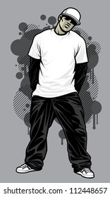 Modelo de camiseta urbana masculina ilustración de una joven modelo urbana posando en una camiseta blanca, pantalones negros holgados y gorro blanco frente a elementos de diseño de graffiti en el fondo