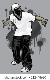 Urban Male Tshirt Model Vector illustration of a young urban male model posing in a white t-shirt, baggy black pants, and white ball cap in front of graffiti design elements in the background