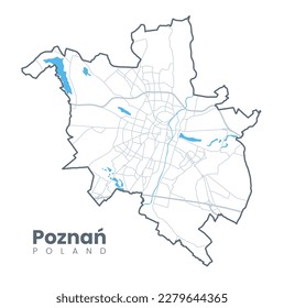 Urban Poznań map. Detailed map of Poznan, Poland. City poster with streets and Warta River. Light stroke version.