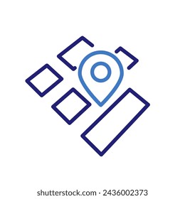 Urban map icon with GPS pin for destination, vector thin line illustration for city navigation, location tracking, and travel planning