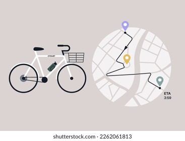 Urban map indicating a bike route with stops and estimated time arrival