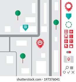 Urban map with pointer flat icons set
