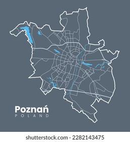 Urban Poznań map. Map of Poznan, Poland borders. City poster with streets and Warta River. Light stroke version on dark background.