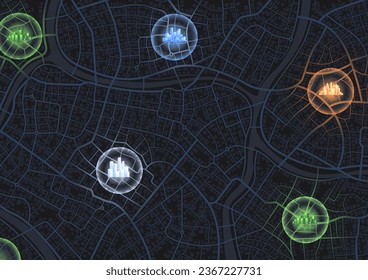 Urban map for travel. Multiple destinations with location system. Abstract map city. Direction markers for navigation to town. Location system. Route distance data, path turns. destination tag, Vector