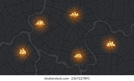 Mapa urbano para viajes. Varios destinos con sistema de ubicación. Resumen de la ciudad del mapa. Marcadores de dirección para la navegación a la ciudad. Sistema de localización. Ruta de datos de distancia, vueltas de ruta. etiqueta de destino, vector
