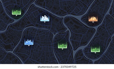 Urban map for travel. Multiple destinations with location system. Abstract map city. Direction markers for navigation to town. Location system. Route distance data, path turns. destination tag, Vector