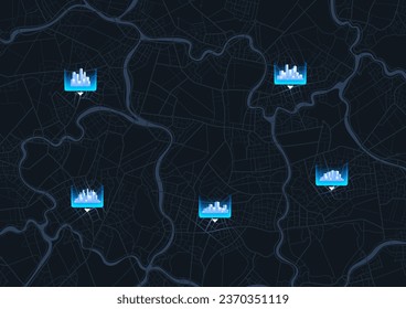 Mapa urbano para viajes. Varios destinos con sistema de ubicación. Resumen de la ciudad del mapa. Marcadores de dirección para la navegación a la ciudad. Sistema de localización. Ruta de datos de distancia, vueltas de ruta. etiqueta de destino, vector