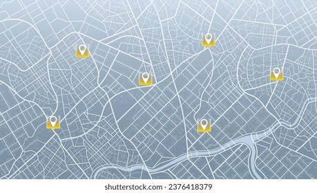 Urban map for travel. Multiple destinations with location system. Abstract map city. Direction markers for navigation to town. Location system. Route distance data, path turns. destination tag, Vector