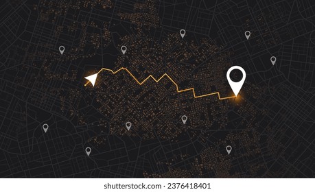 Urban map for travel. Multiple destinations with location system. Abstract map city. Direction markers for navigation to town. Location system. Route distance data, path turns. destination tag, Vector